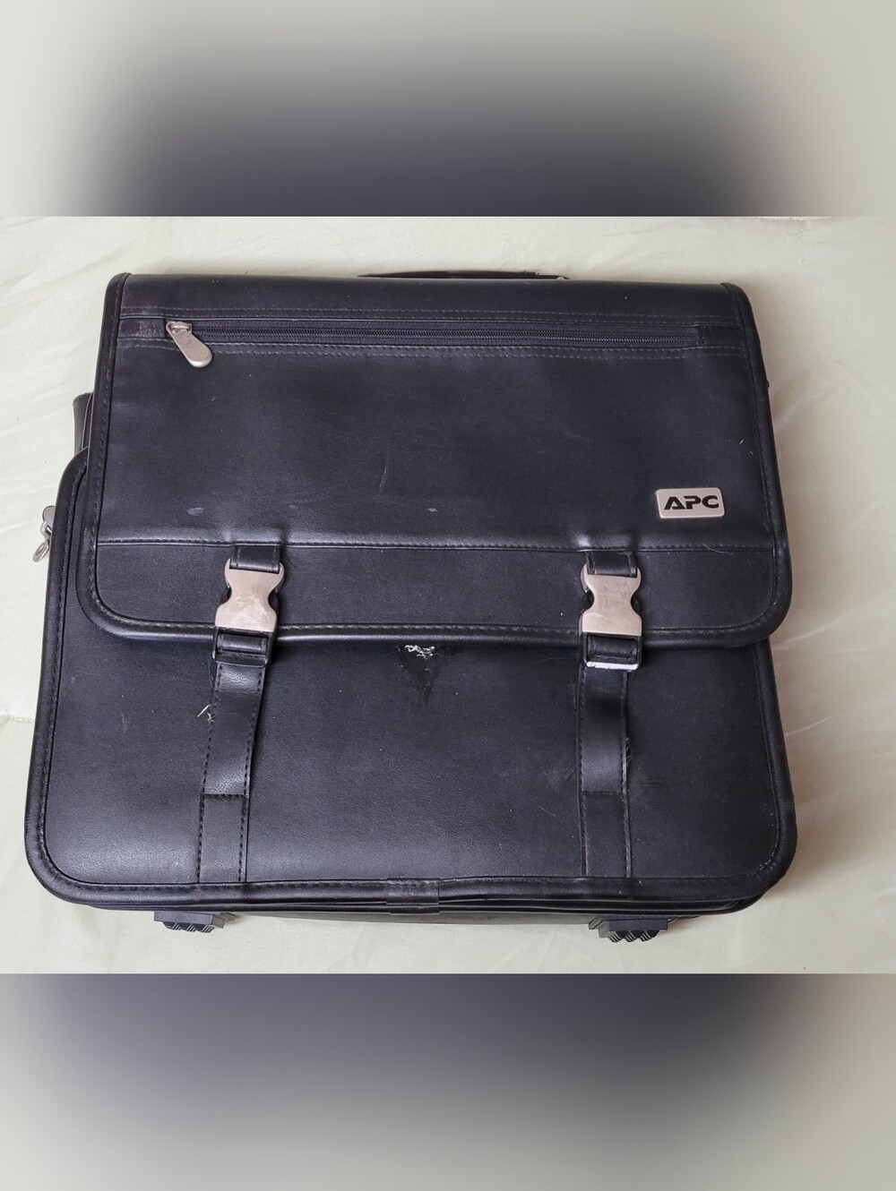 A.P.C. Black Leather Laptop Messenger Bag with Metal Buckles